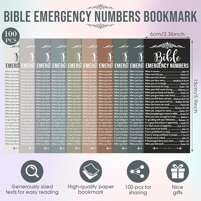 Motiskyy 100 Pcs Christian Bible Verse Emergency Numbers Bookmark Christian Church Gift 2.36 x 6'' Religious Books of The Bible Bookmark for Women Men Catholic Retreat Sunday School(Morandi)