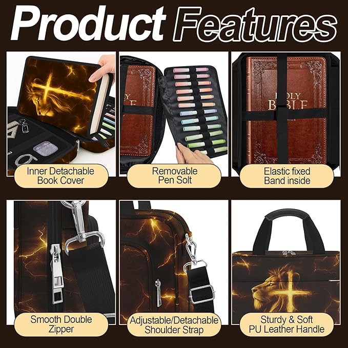 Lion Cross Bible Cover Case for Boys Kids, Large Men Bible Carrying Book Case Church Bag with Handle Zipper Pocket, Bible Study Supplies Journaling Kit, Highlighters Tabs Pens Cross Clips