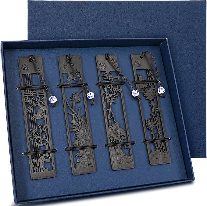 Outus 4 Pieces Wooden Bookmarks for Men Women Employee Father's Day Appreciation Gifts for Men Back to School Gifts Vintage Handmade Natural Carving for Book Lovers Birthday(Hollow Style)