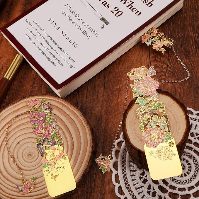 3 PCS Metal Bookmarks - Pretty & Beautiful Flower Bookmarks for Women - Peach Blossom, Cottonrose Hibiscus, Peony