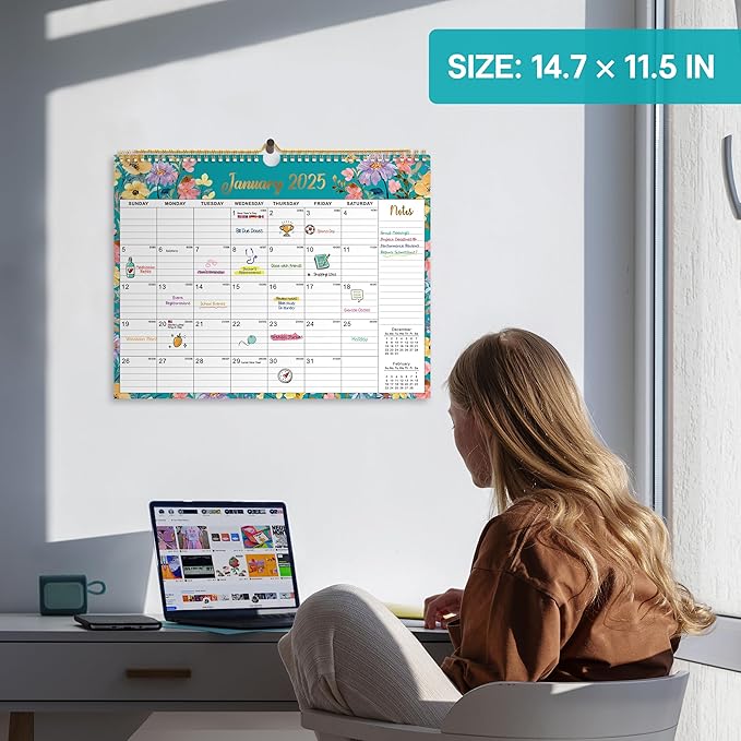 Calendar 2025-2026, Monthly Wall Calendar from January 2025 to June 2026, 11.5" x 14.7", Spiral Binding Hanging Wall Calendar, Perfect for Home or Office, Floral