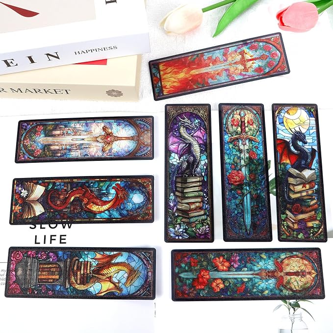 Sword Dragon Bookmark Gifts - 10 Pcs Stained Glass Sword Transparent Bookmark Fantasy Dragon Flower Book Mark Page Clips Gifts for Women Men Book Lovers Teacher Student Bookish Reader