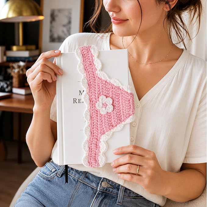 Crochet Bikini Bookmarks for Women, Underwear Shaped Bookmark | Handmade, Page Holder, Bookish Gift for Book Lovers, Soft Stretchy Acrylic Yarn, Light Pink