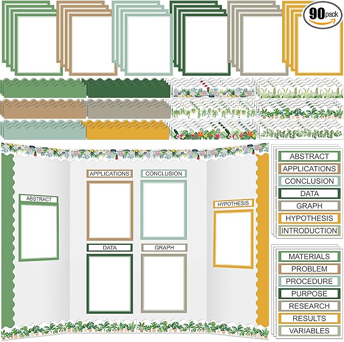 Fuyoooo 90 Pcs Science Fair Board Supplies 60 Trim Scalloped Bulletin Borders 24 Presentation Board Subtitles 6 Science Fair Titles for Classroom Display Boards (Plant)