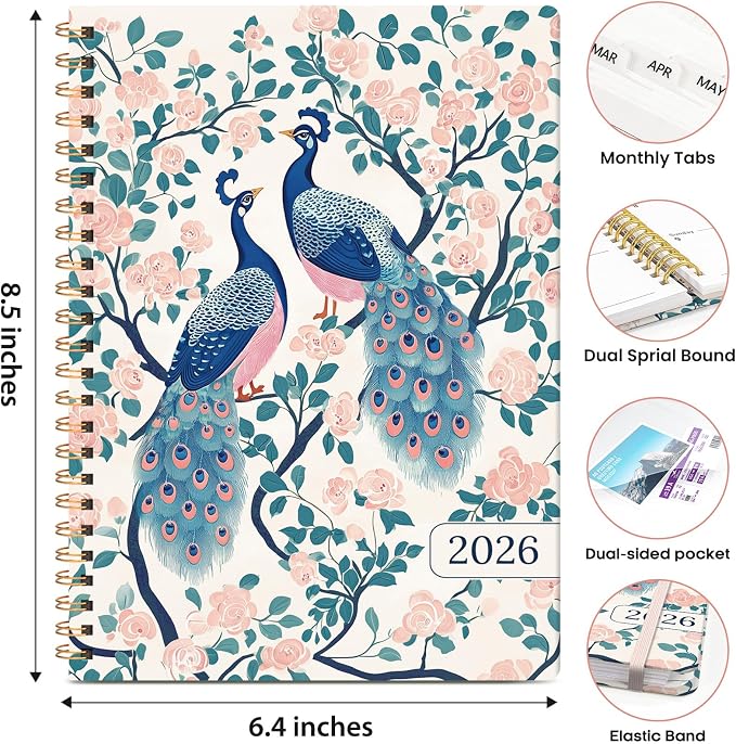 2026 Planner, Weekly and Monthly Calendar Planner Book, January 2026 - December 2026, Hardcover Spiral Planner with Monthly Tabs, Notes Pages, Perfect for Women & Men, A5 (6.4" x 8.5") - Peacock