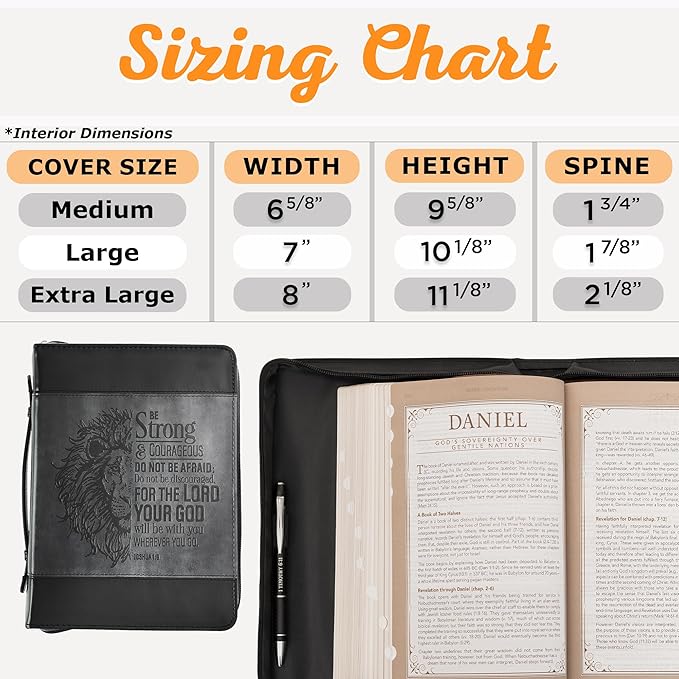 Christian Art Gifts Classic Faux Leather Bible Cover for Men and Women: Be Strong and Courageous - Joshua 1:9 Inspirational Bible Verse with Lion, Gray and Black, XL