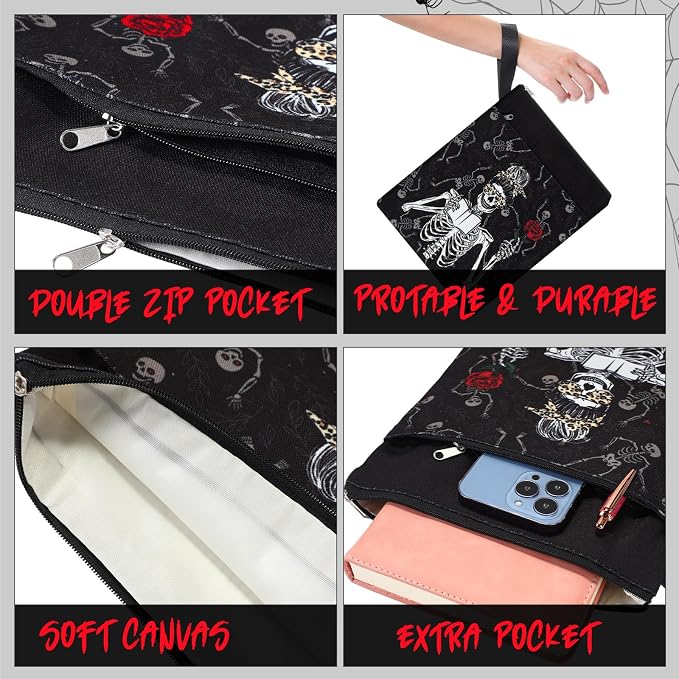 Fuyoooo 6 Pack Gothic Book Covers Book Club Gifts Book Covers for Paperbacks Skeleton Book Sleeve with Zipper Book Case Bag Gothic Book Protector for Book Lovers Teacher Student Gifts