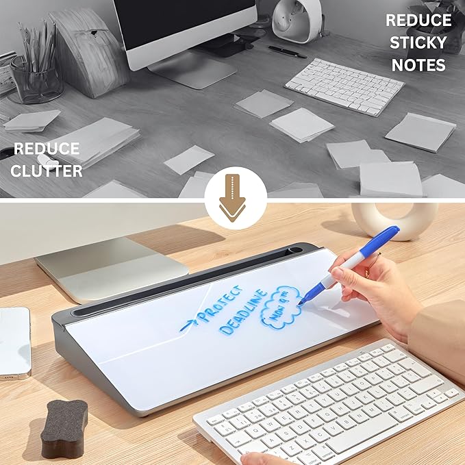 GAROOD Desktop Dry Erase Board with Storage (Grey Base) Desk Desk Board Glass Desktop White Board with Stand Home Office Organizer Phone Holder 15.8X7X2 inches