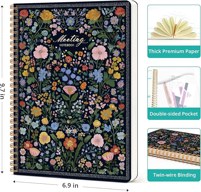 Meeting Notebook for Work Organization - Work notebook with action items, Meeting Minutes Planner Notebook, Perfect Office Supplies for Men & Women - Garden of Whimsy
