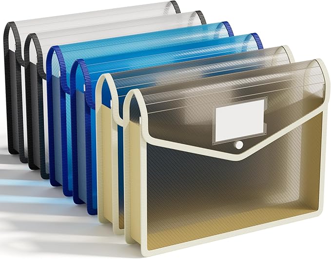 ABC life 6-Pack Plastic Expanding File Folders, Translucent Plastic Envelopes with Snap Closure, Large Capacity, Paper Storage Fits Letter/A4 Size - Black+Blue+Tea Grey