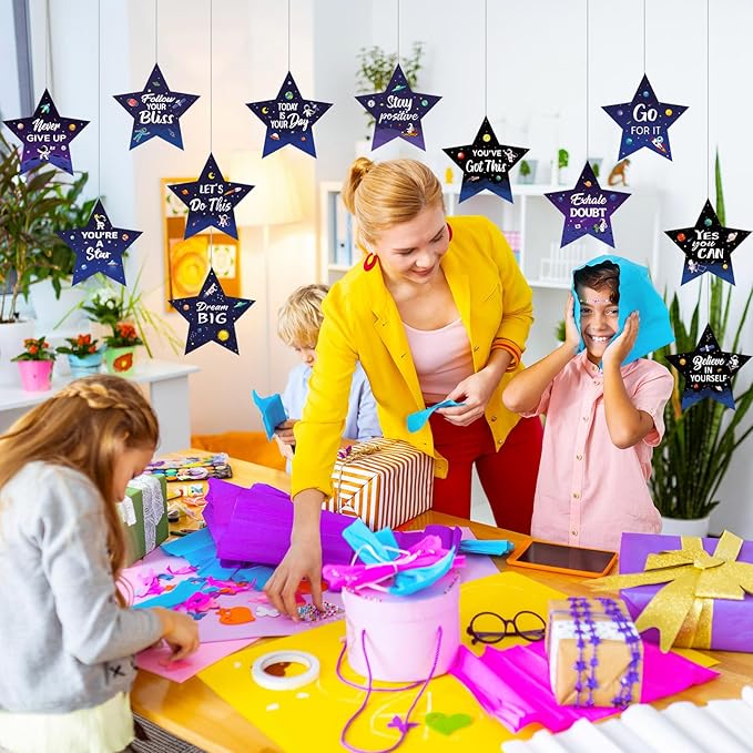 Pajean 48 Pcs Star Positive Bulletin Board Decoration Cutout Affirmation Station Classroom Bulletin Board 6 Inch Inspirational Classroom Decor Double Sided for Teacher Student Back to School(Space)