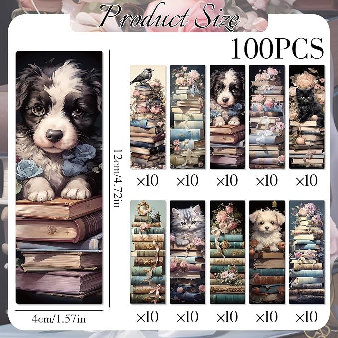 Vintage Bookmarks Bulk Gifts - 100 Pcs Cute Cats Dog Paper Bookmark for Women Girls Students Book Lovers Flower Page Marks School Reading Accessories Bookish Gift for Birthday Graduation