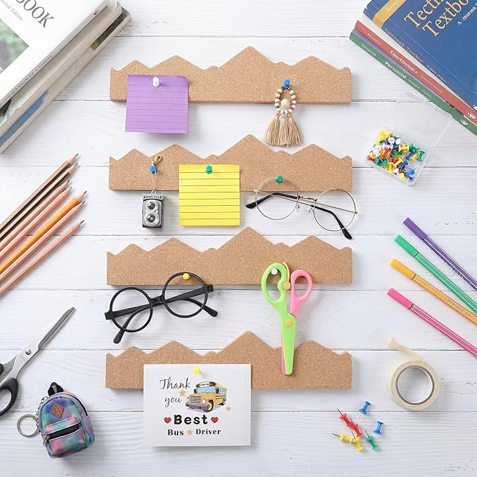 CroBlissful 4 Pcs Cork Strips Bulletin Bar Strip for Wall 12 x 3 Inches Frameless Cork Board Strips with 50 Push Pins, Self Adhesive Backing, for Classroom Office Home Cubicle (Mountain Style)