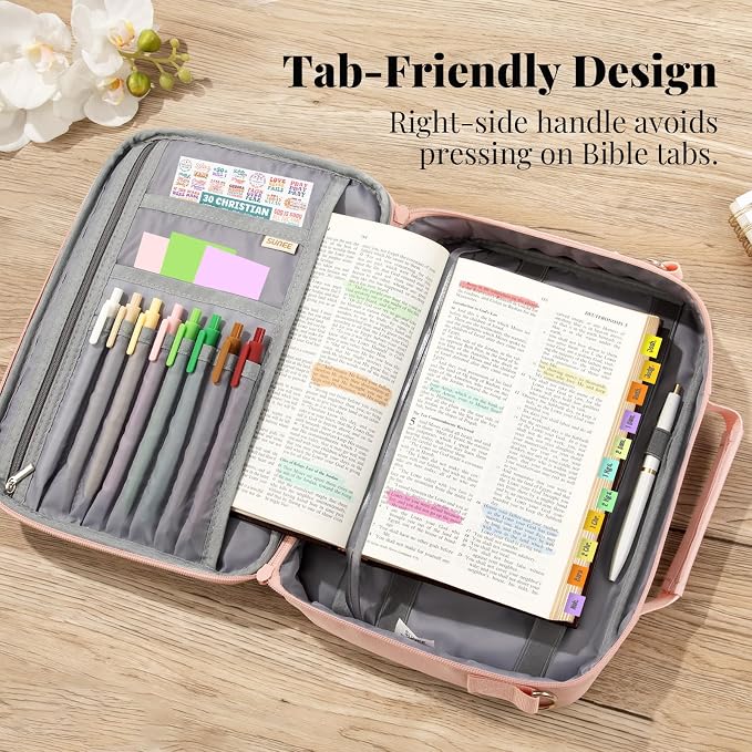 SUNEE Bible Cover for Women, Large Bible Bag w/Shoulder Strap Carrying Book Case w/Pen Slots and Zippered Pocket, Gift for Women & Men, Pink