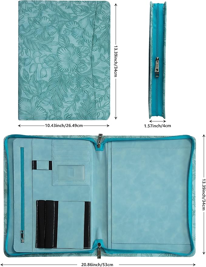 AZXCG Leather Portfolio with Zipper, Embossed PU Leather Padfolio Folio, Professional Business Document Organizer with A4 Letter Sized Writing Pad Holder(Sky Blue, Standard)