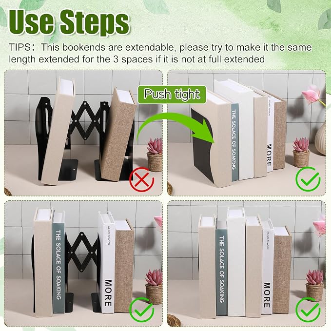 2 Pcs Adjustable Bookends, 2 Dividers, Metal Book Ends for Heavy Books Anti-Slip Book Organizer for Desk Shelves Office, Extends up to 19 inch (Black)