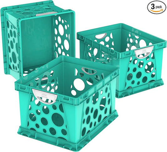 Storex Premium File Crate with Molded Handles – Letter and Legal Document and Folder Storage, Teal 3-Pack (61694U03C)