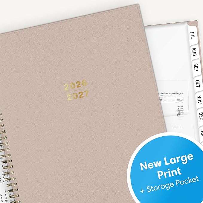 Blue Sky 2026-2027 Large Print Weekly and Monthly Academic Year Planner Calendar, July 2026 - June 2027, 8.5" x 11", Flexible Cover, Wirebound, Storage Pocket, Laminated Tabs, Sand