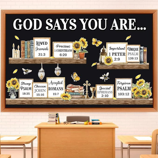 Qilery Sunflower Faith Bulletin Board Decorations Set, Cardstock Religious Wall Cutouts, Bulletin Board Borders & Letters, Christian Office Inspirational & Church Classroom Decor Kit, Adhesive Dots