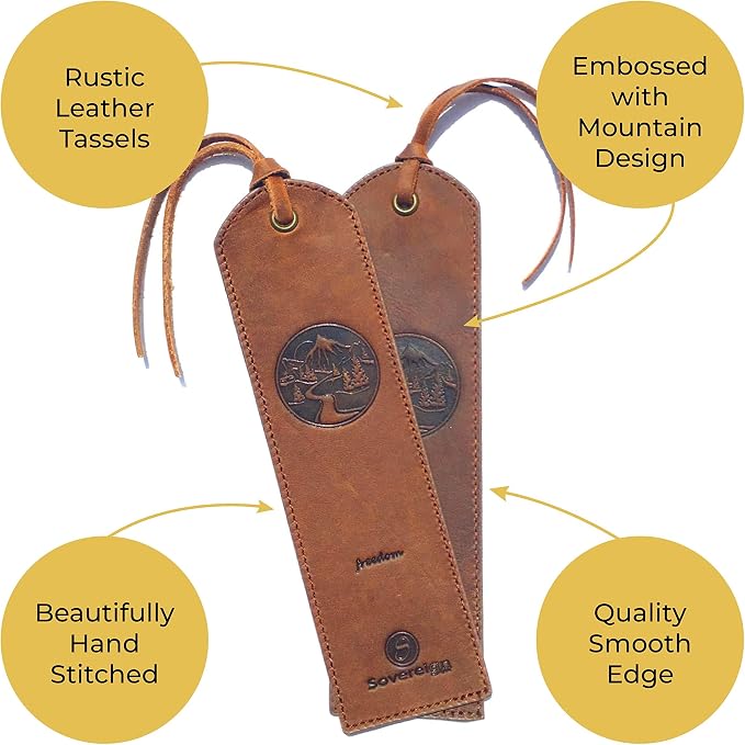 Leather Bookmark Handmade with Mountain Design - 2 Genuine Leather Book Marks - Perfect Bookmarks for Men Women and Kids | Great Book Lovers Gift for Bookworms Writers Friends and Family