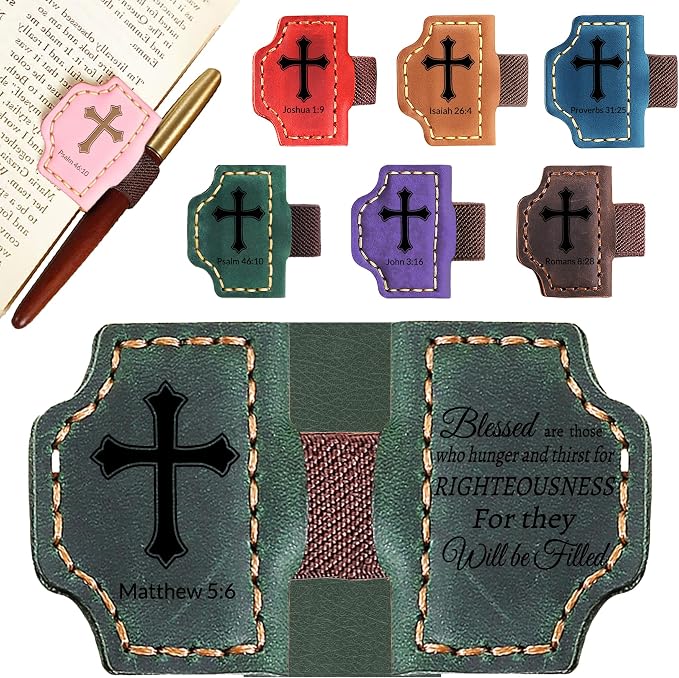 Personalized Leather Bookmark with Pen Holder - Magnetic Bible Verse Design, Christian Book Lovers Reading Accessory, for Book Lovers Men Women (Green, Matthew 5:6)