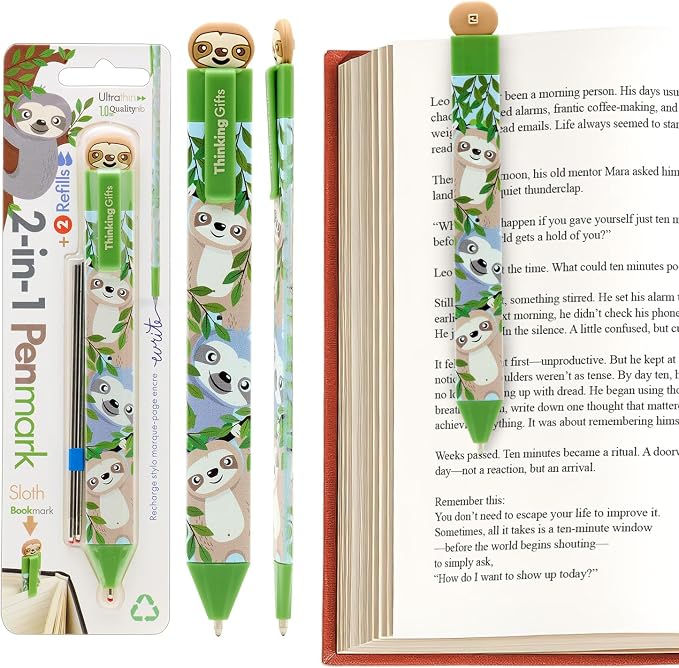 Gifts for Readers & Writers Pen Bookmark, Page Marker & Flat Writing Pen for Journal Notebook & Planner, Penmark Reading Accessory for Making Book Annotations, Sloth
