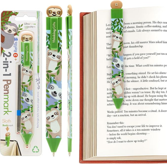 Gifts for Readers & Writers Pen Bookmark, Page Marker & Flat Writing Pen for Journal Notebook & Planner, Penmark Reading Accessory for Making Book Annotations, Sloth