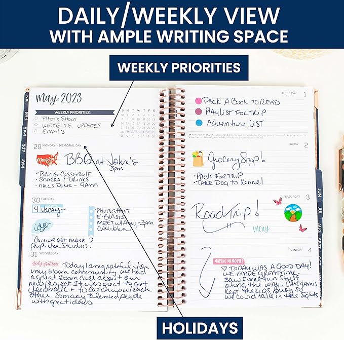 HARDCOVER bloom daily planners 2023 Calendar Year Day Planner (January 2023 - December 2023) - Passion/Goal Organizer - Monthly & Weekly Inspirational Agenda Book - 5.5" x 8.25" - Navy Embroidery