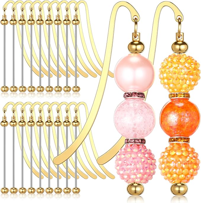 Dunzoom 20 Pcs Beadable Bookmarks DIY Metal Blank Bar Bookmark for Beads Modern Bead Craft Jewelry Pendant Charm Gift for Book Lovers Student Teacher Office Supplies (Gold)