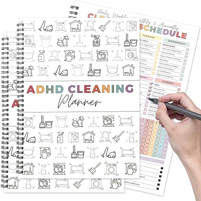 Adhd Planner Daily Cleaning Organizer - 2PCS Chore Chart Schedule and Checklist - Adhd Household Needs Organization Weekly Monthly Yearly Home Family Full Focus Routine Clean Planners for Adults Women