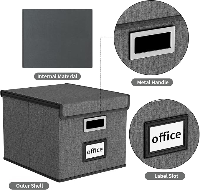 File Organizer Box with Lid, Collapsible File Folder Organizer for Office Document Storage, Filing Box with Plastic Slide for Letter/Legal Size Hanging Files, Dark Grey
