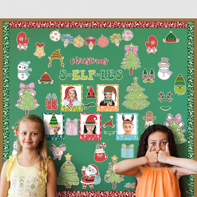 155Pcs Christmas Selfie Bulletin Board Decoration Set, Christmas Headwear Paper Cutouts DIY Photo Craft Cutouts Bulletin Board Border Trim, Classroom Chalkboard Supplies Wall Door Decor