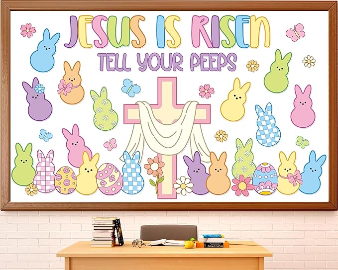 Easter Jesus Bulletin Board Set Easter Egg Bunnies Religion Cross Classroom Decoration Jesus is Risen Bulletin Board Candy Rabbit Flower Spring Cutouts for Sunday School Church Chalkboard Wall Decor