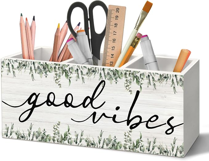 Inspirational Good Vibes Pen Holder Organizer for Desk Accessories, Motivational Botanical Wooden Box Sign Desk Decorations for Girls Room Bedroom Decor, Inspirational Gifts for Women