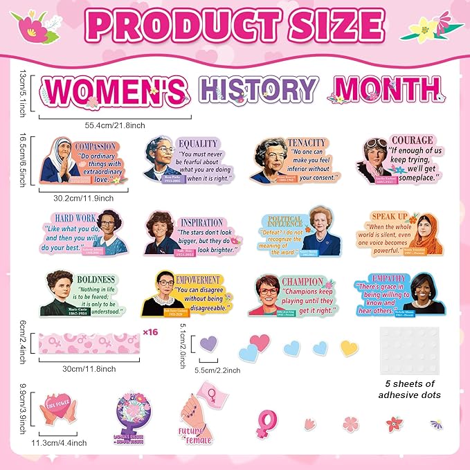 Women’s History Month Bulletin Board Set Famous Women in History Classroom Decoration Inspirational Bulletin Board Women Positive Quotes Cutouts for March Classroom School Office Chalkboard Wall Decor
