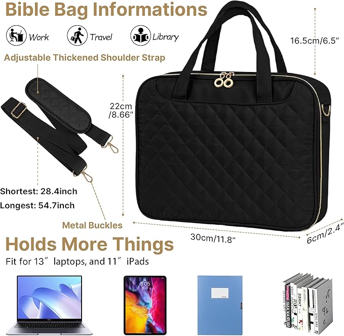 PUGPIU Bible Cover Case for Women, Large Quilted Bible Bag with Shoulder Strap and Handle, Bible Study Supplies Journaling Kit with Highlighters Pens No Bleed Tabs Notebook Cross Clips, Black