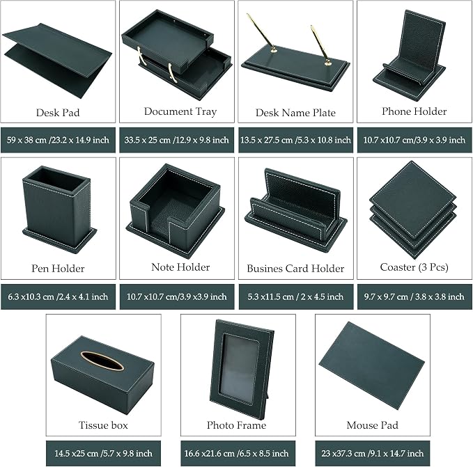 Leather Desk Set, 15-Piece Leather Desk Organizer, Executive Desk Organizer with Desk Pad & Blotter, 2-Tier Tray, Pen Holder, Office Accessories, Executive Desk Accessories(Green)