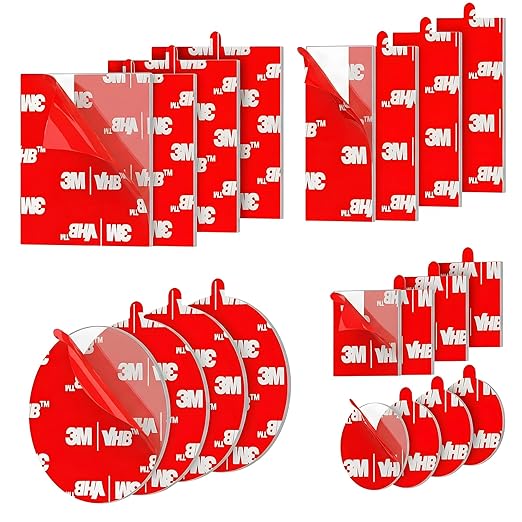 Double Sided Tape Heavy Duty 20 PCS Clear with Peeling Hook Tool Adhesive Pads 1“ and 2” Squares Dots Rectangles Pack Mounting Pads Waterproof Strong Adhesive for Automotive, Security Cameras, Mirrors