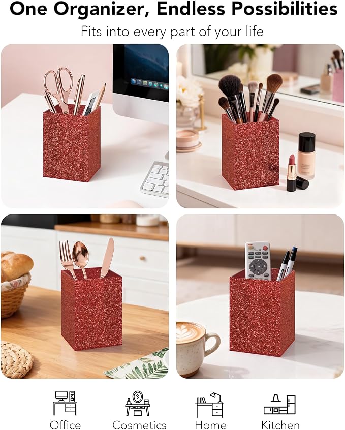 Red Glitter Acrylic Pen Holder, Acrylic Makeup Brush Storage Organizer, Pencil Pen Holder for Desk, Modern Desktop Accessories for Office School Home Supplies