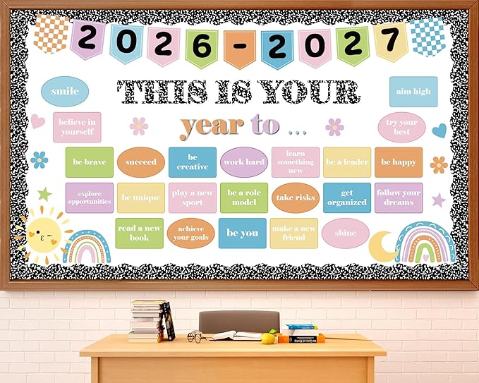 Composition Notebook Bulletin Board Set Motivational This is Your Year Decoration Pastel Inspirational Paper Cutouts for Welcome Back First Day of School Classroom Chalkboard Wall Door Decor Supplies