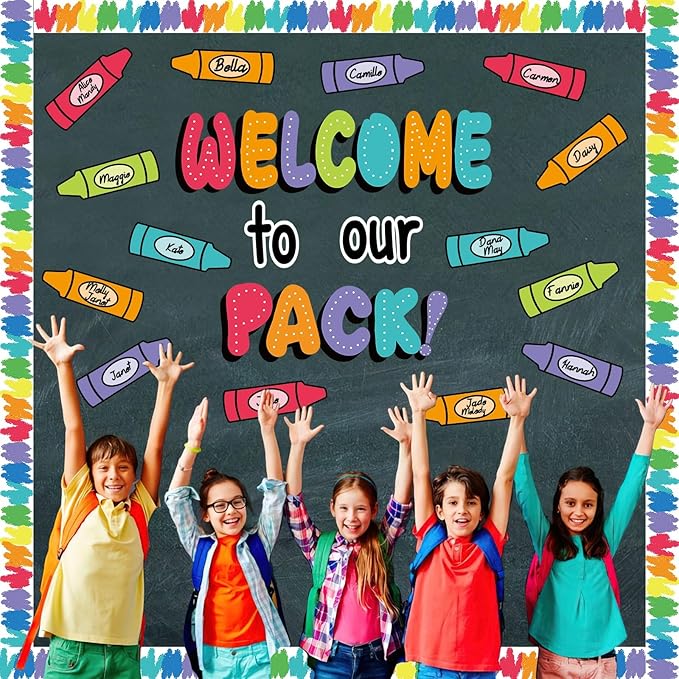 VABAMNA 63Pcs Classroom Bulletin Board Decorations Set - Welcome to Our Pack Crayon Cutouts with Border Trims for School Classroom Door Home Wall Decorations