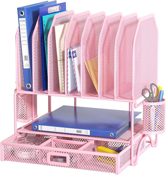 FANXIYQ Metal Desk Organizer with Sliding Drawer, 7-Section File Organizer for Desk, Desktop File Folder & Paper Organizer with 2 Hanging Pen Holders, Office Supplies Organizer, Pink