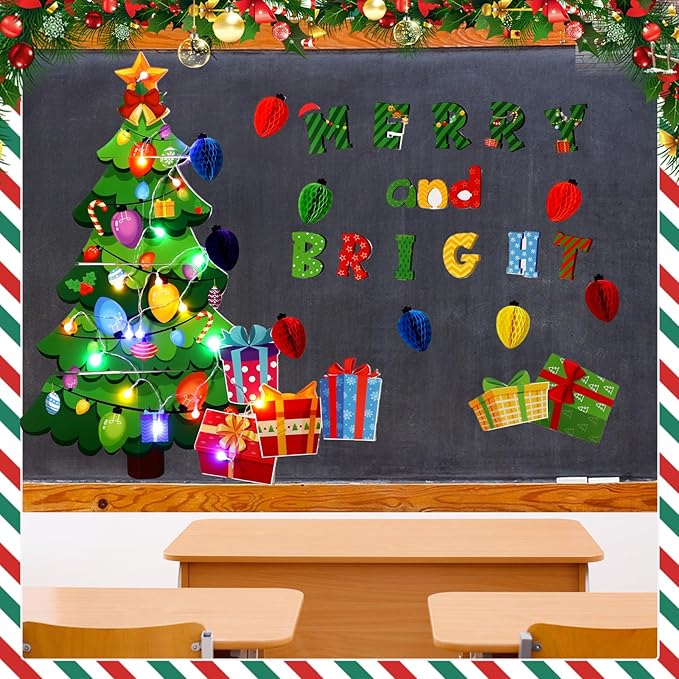 Zhanmai Christmas 3D Bulletin Board Set Paper Cutouts with String Lights Holiday Wall Bulletin Board Decorations for Home Office Holiday Party Supplies(Merry and Bright)