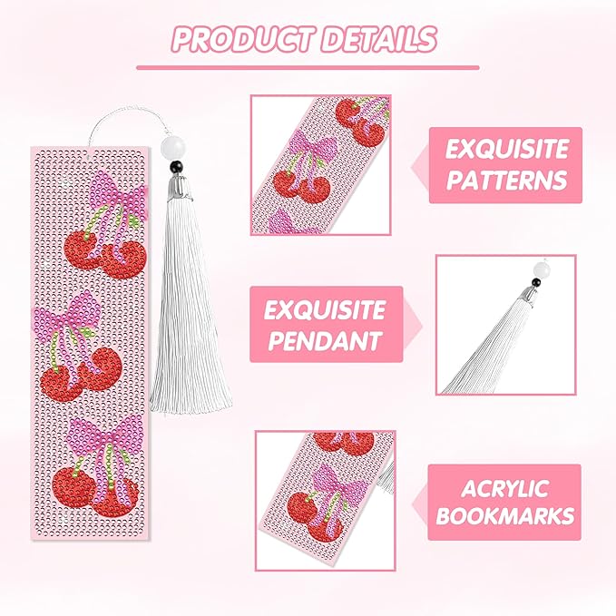 8 Pcs Bow Diamond Art Bookmarks Kit with Tassels, Cute Pink Diamond Painting Bookmarks for Women Book Lovers, DIY Bookmark Making Kit for Adults Beginners Aesthetic Crafts
