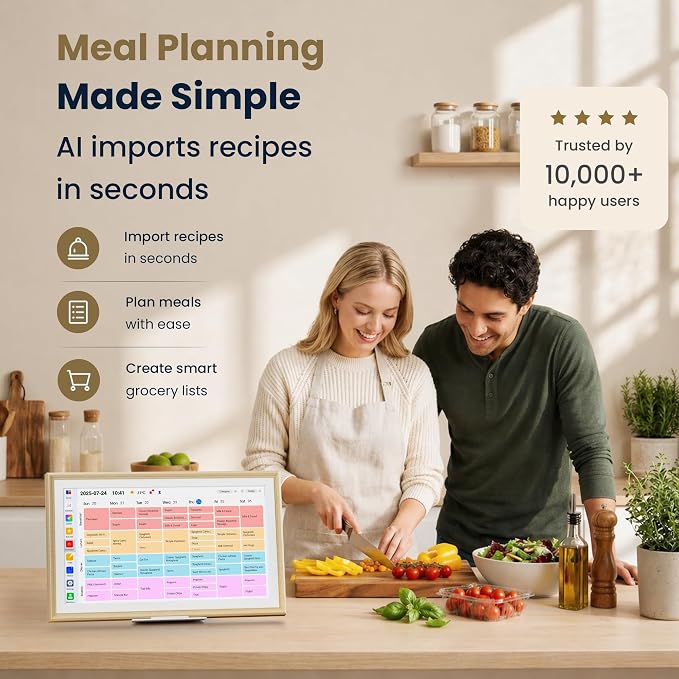 15.6-Inch Smart Digital Calendar & Photo Frame for Family, Wall Planner with Light Wood Frame, Auto-Sync to Apple, Google & Outlook, Touchscreen Display with Chore Chart, To-Do Lists & Meal Planner, No Subscription