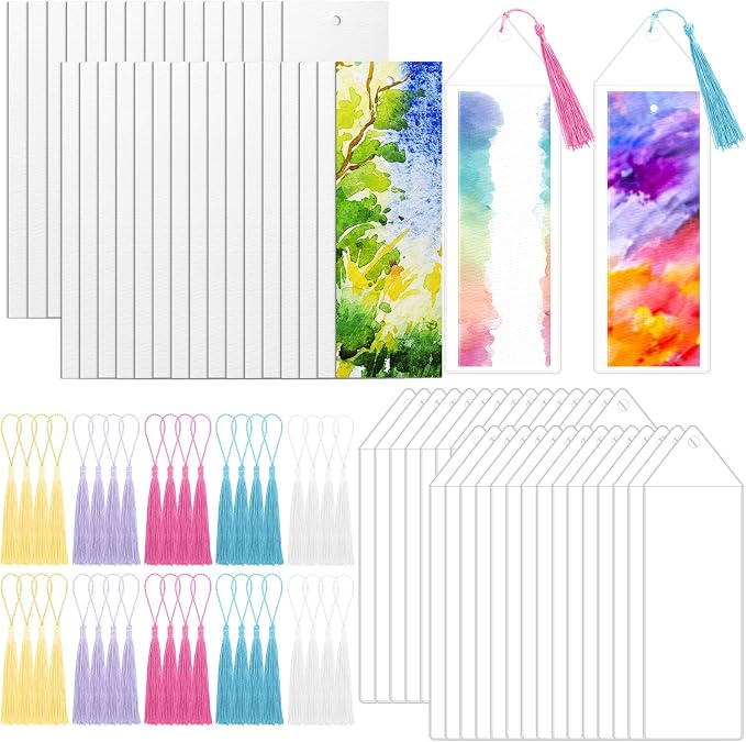 Marspark 91 Pcs Watercolor Paper Bookmarks Blank with Tassels and Sleeves Cotton White Cardstock to Paint Book Marks Craft with Hole for DIY Classroom Gifts Project Tags Bulk, 5.5 x 2 Inch