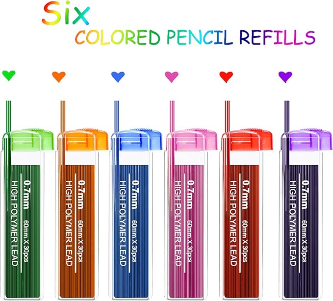 JOVITEC Color Pencil Lead Refills 0.7 mm Mechanical Lead Pencil Refills for Home Offices, 0.7 mm Hb, 6 Color Set(360)