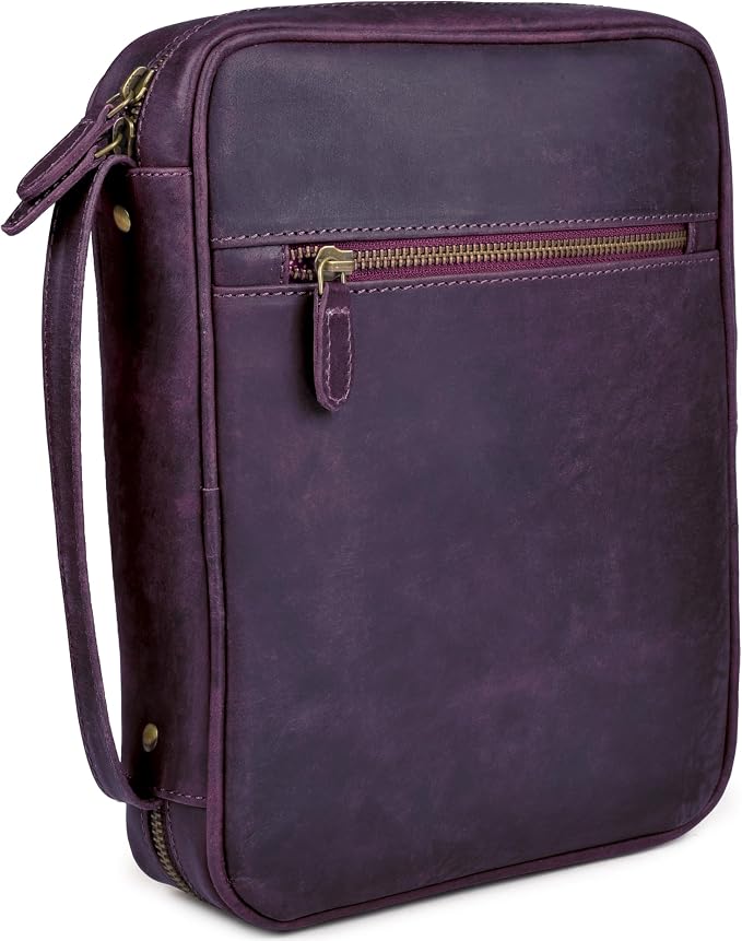 LEATHER VILLAGE Genuine Leather Bible Cover with Zipper for Men & Women - Large Bible Case Carrying Bag Book Cover & Organizer with Handle and Pockets - Leather Bible Covers for Church Study - Purple