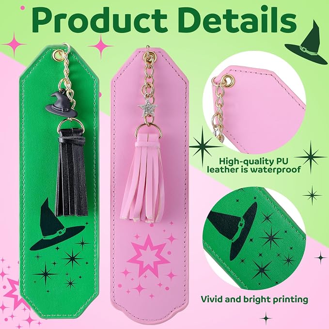 Skyygemm 2 Pcs Leather Witch Bookmark Set Print Witch Book Accessories Pink and Green Bookmark for Bookish Lover Gift Movie Musical Fans Gift Party Favors