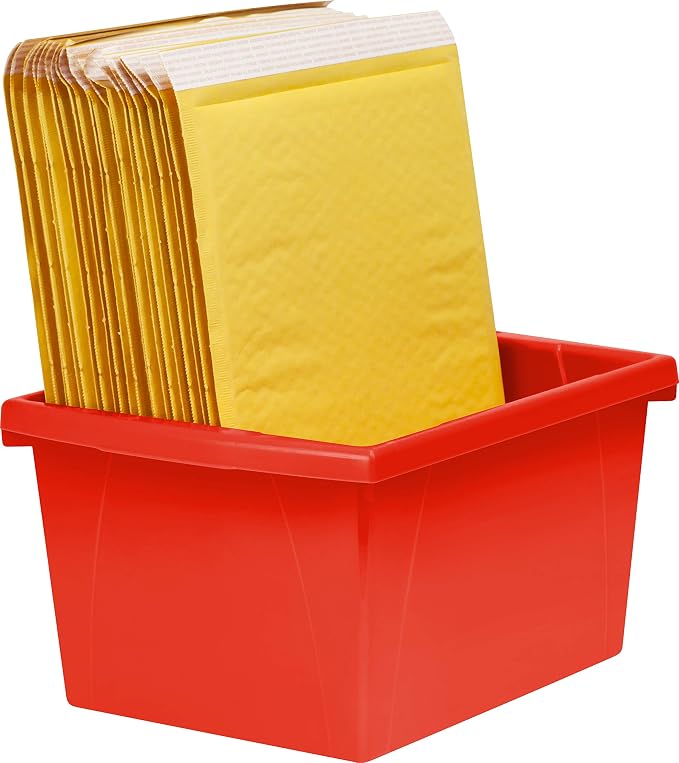Storex 4 Gallon Storage Bin – Plastic Classroom Organizer for Books and Supplies, Red, 1-Pack (61452F06C)